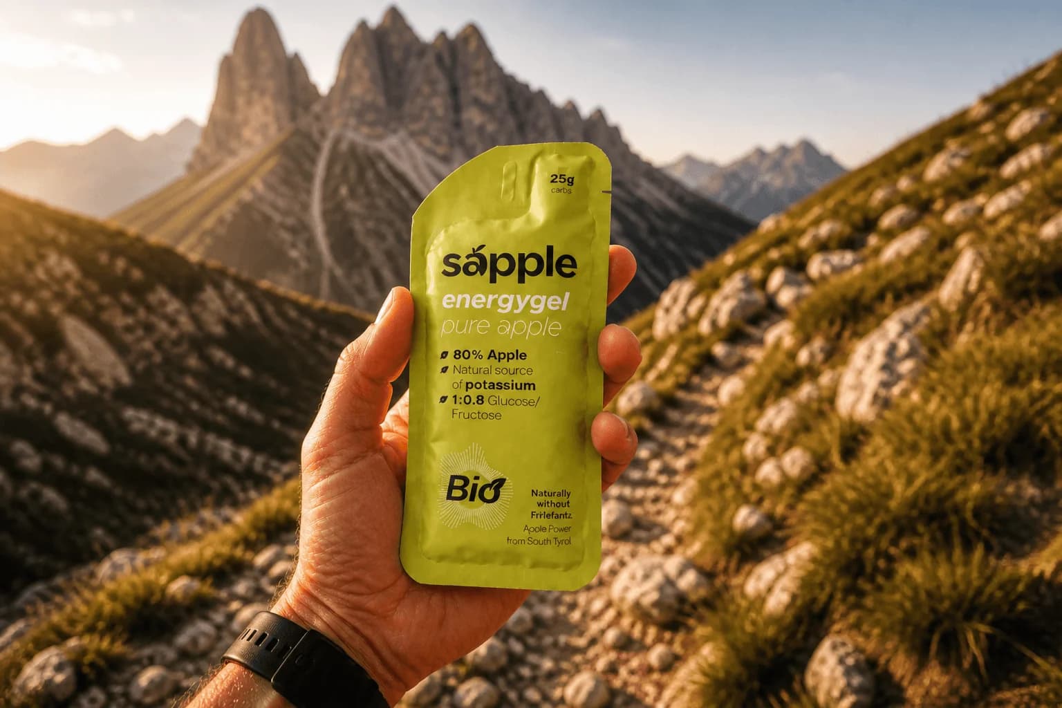 Sapple Power Gel in der Hand vor der Kulisse der Dolomiten